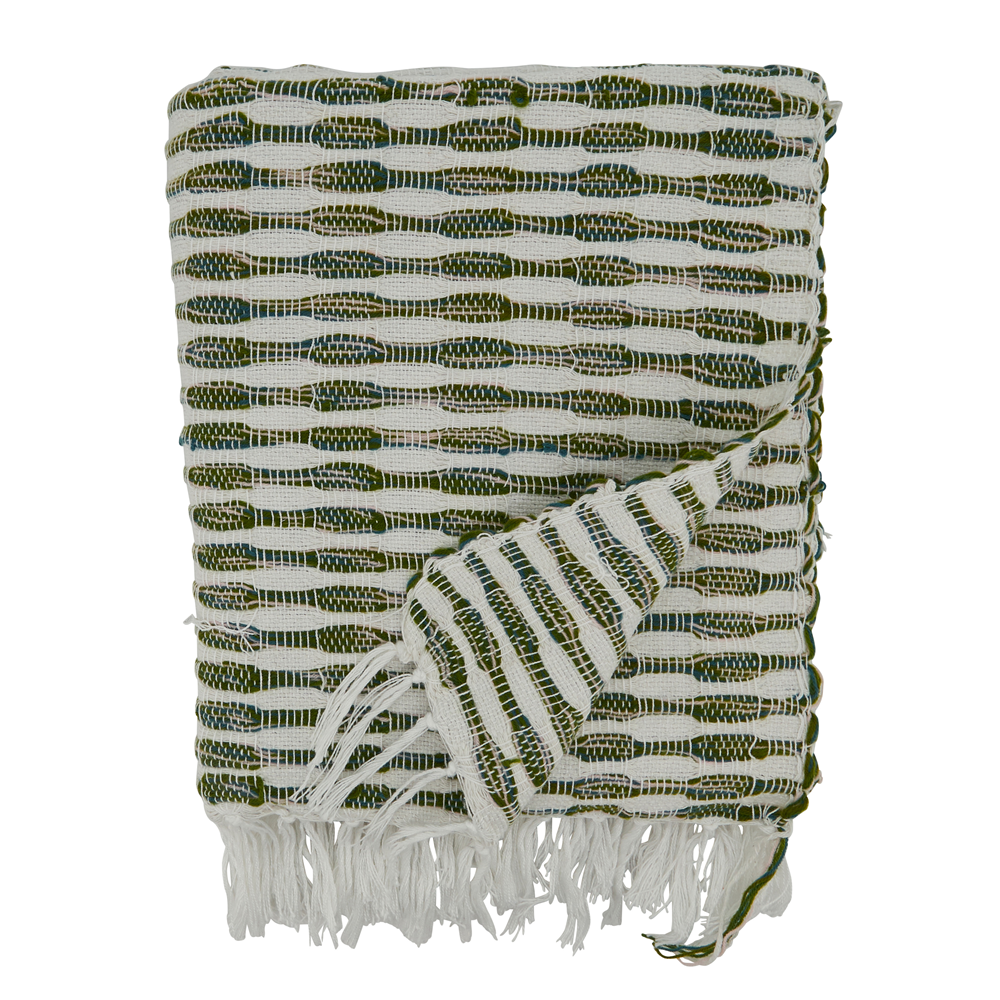 Green Woven Line Cotton-Acrylic Throw Blanket