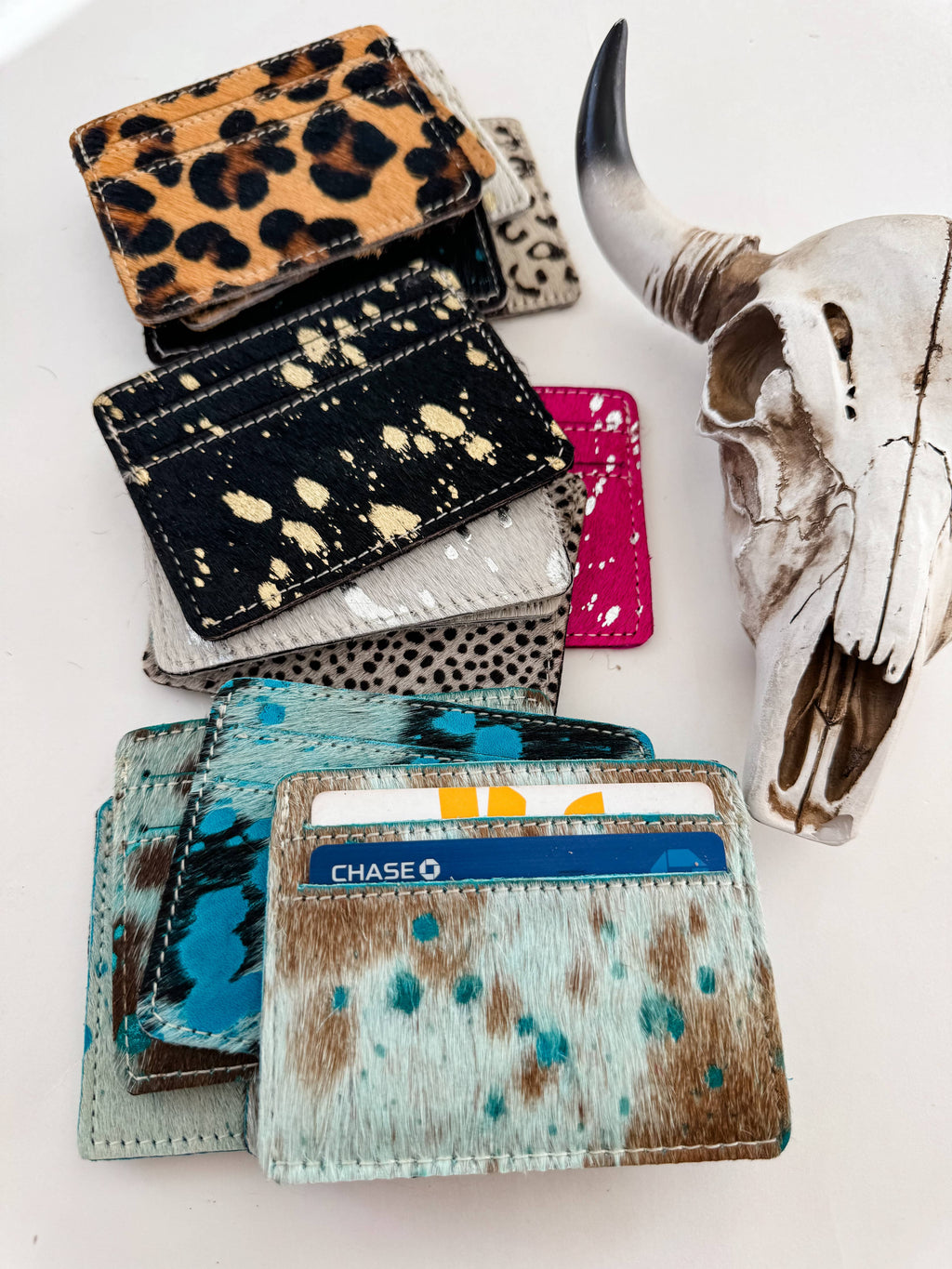 Western Cowhide Credit Card Holder - Money holder: 3 - DARK BROWN + TURQUOISE SPECS