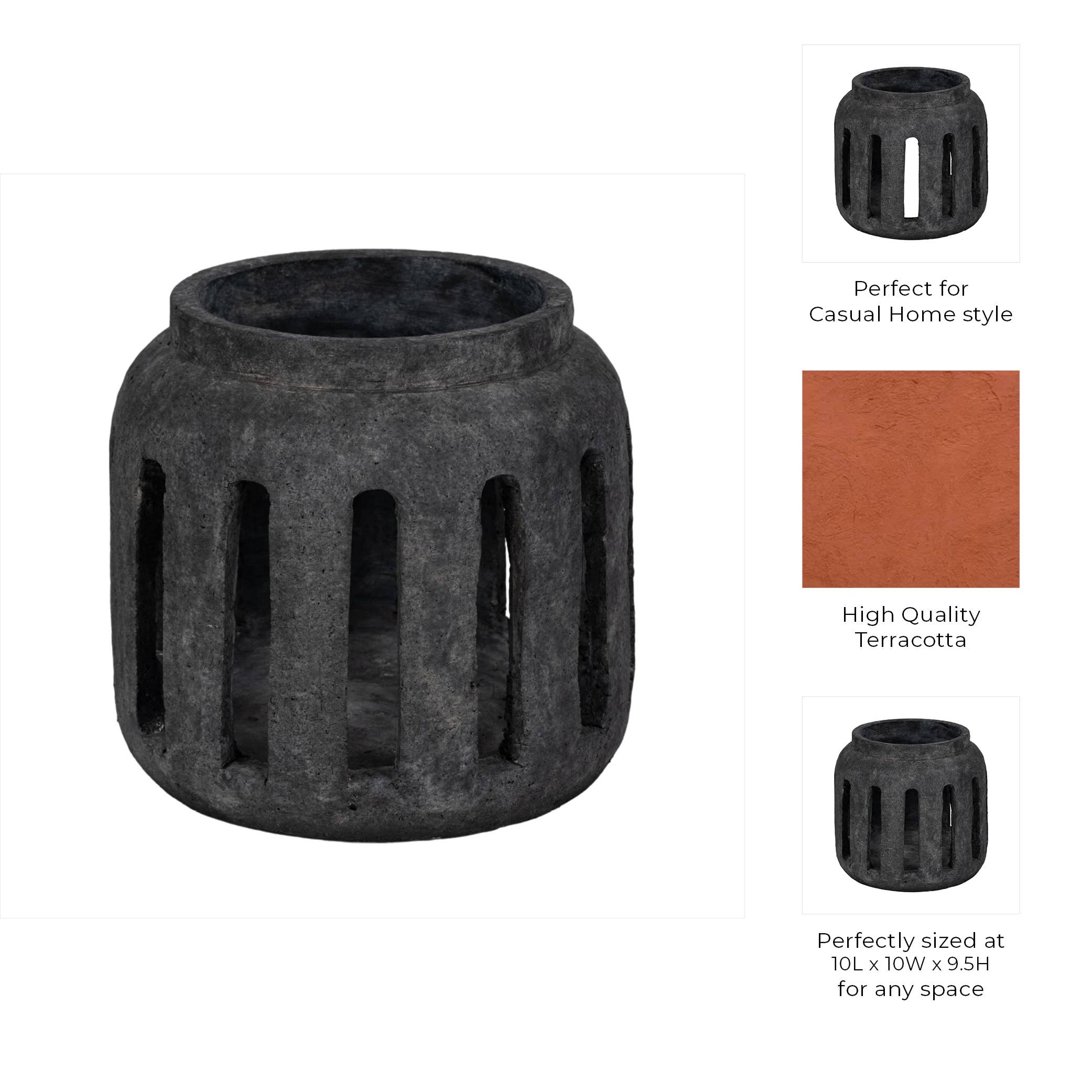 Terracotta Round Open Slat Hurricane Lantern - Black, 10 in.