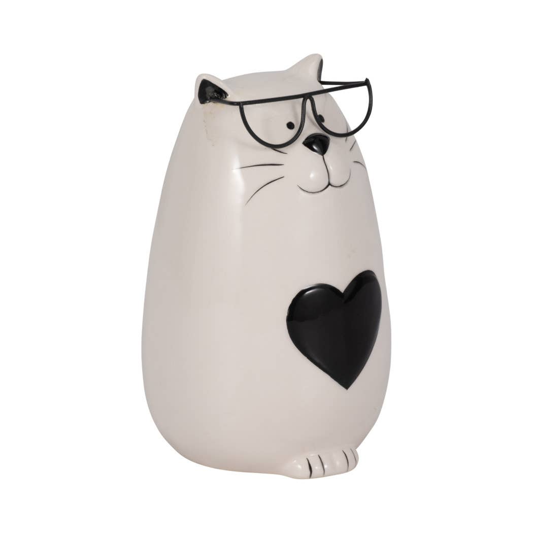 Figurine - White Ceramic Tummy Kitty with Glasses, 6 in.
