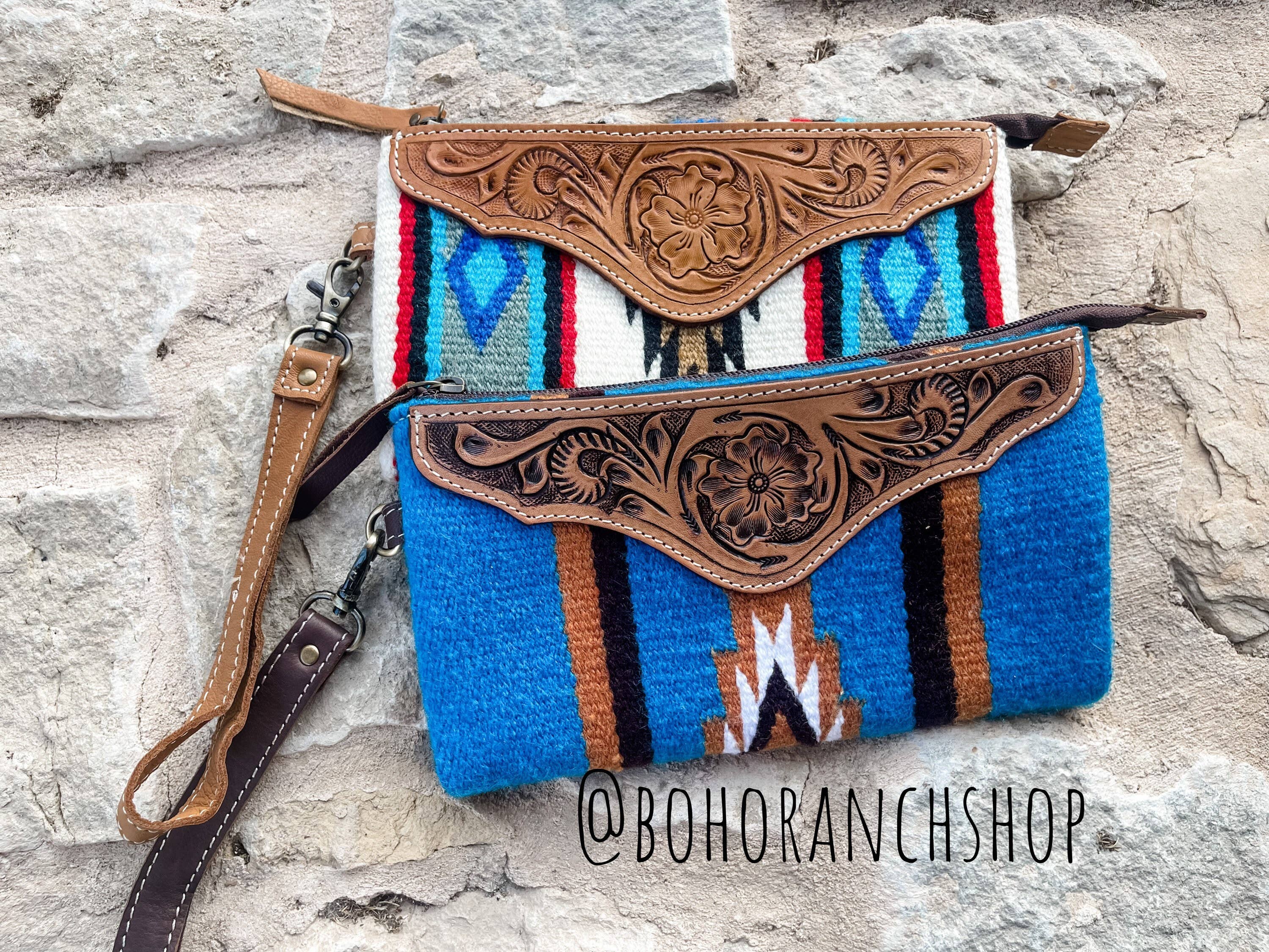 Western Aztec Fabric Tooled Leather Wristlet Purse Bag: 2