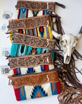 Western Aztec Tooled Leather Tassel Wristlet Purse: 4