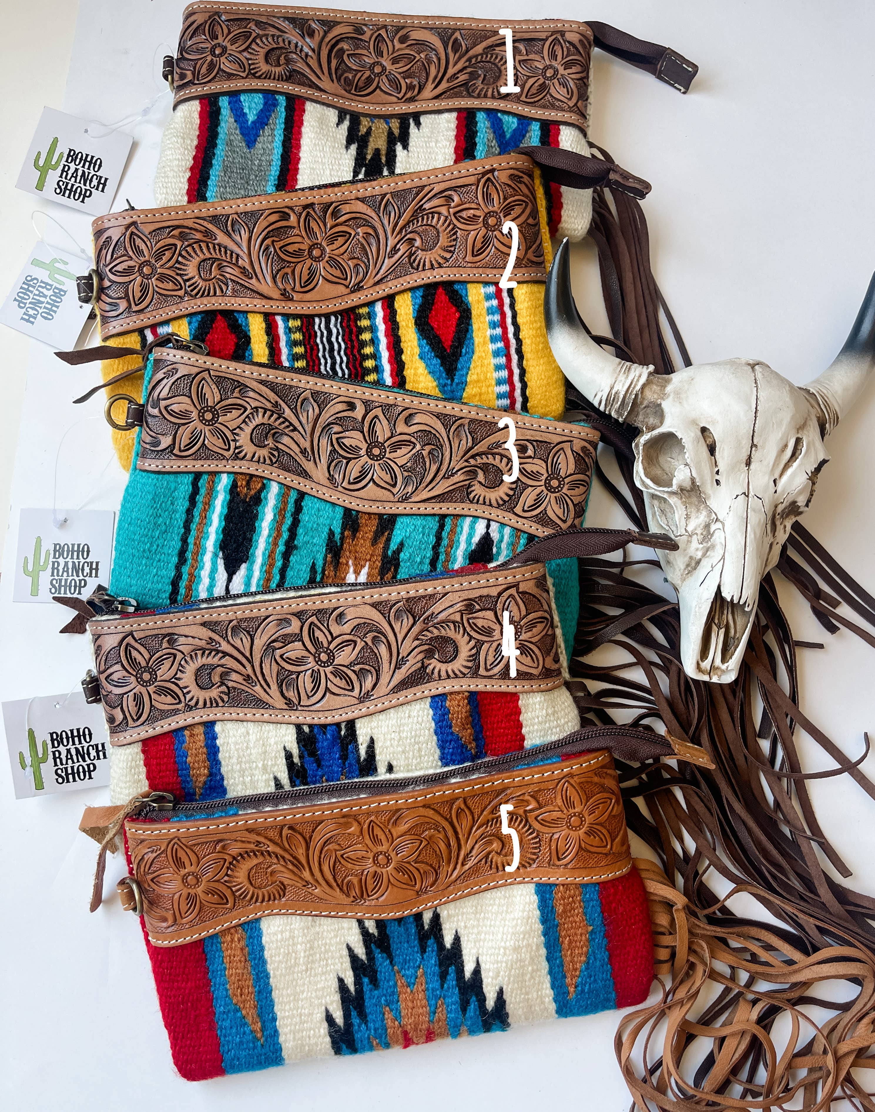 Western Aztec Tooled Leather Tassel Wristlet Purse: 4