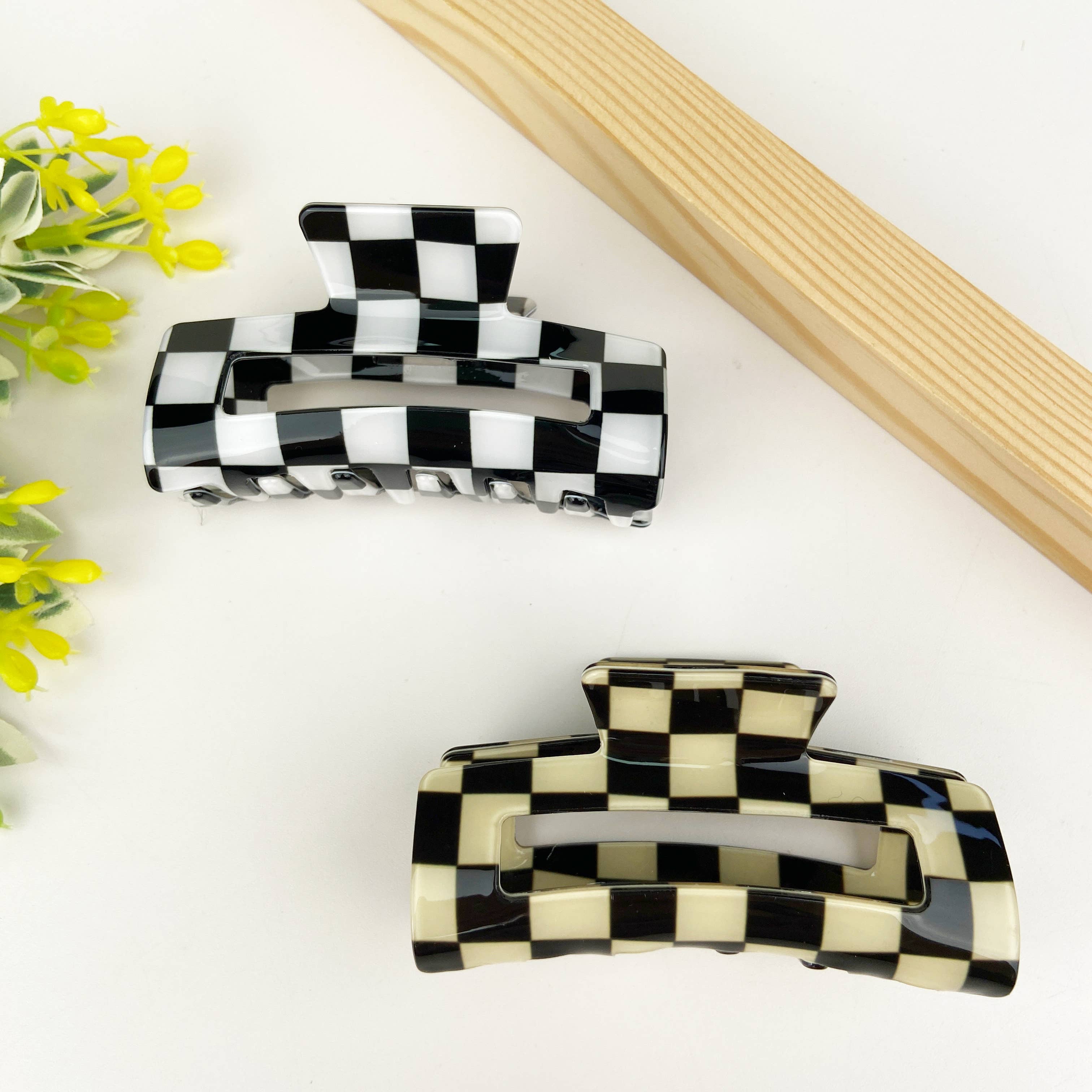 Checkerboard retro hair claw clip: Green yellow