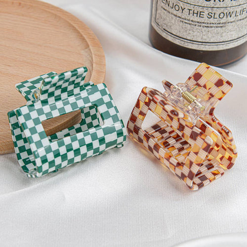 Acrylic Square Checkerboard Hair Claw Clip: Green