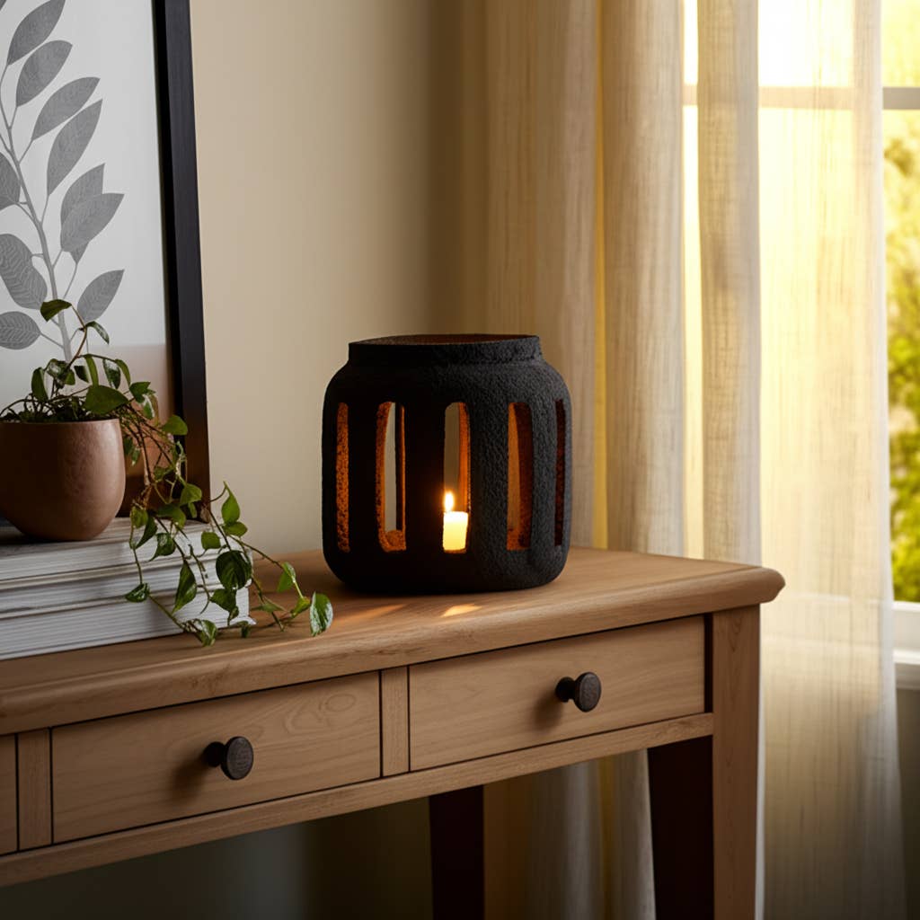 Terracotta Round Open Slat Hurricane Lantern - Black, 10 in.