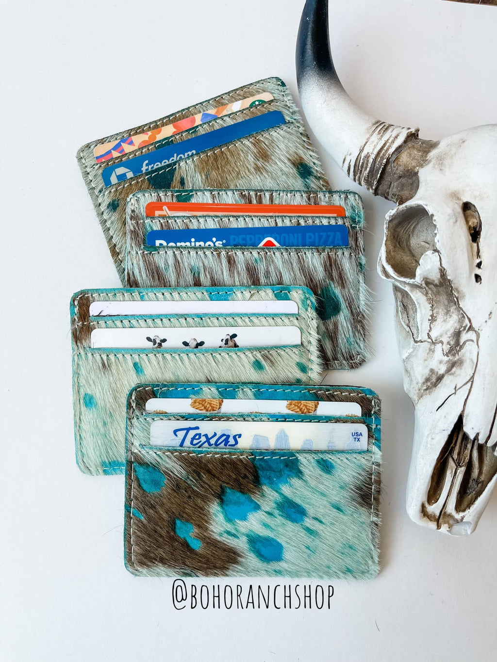 Western Cowhide Credit Card Holder - Money holder: 3 - DARK BROWN + TURQUOISE SPECS