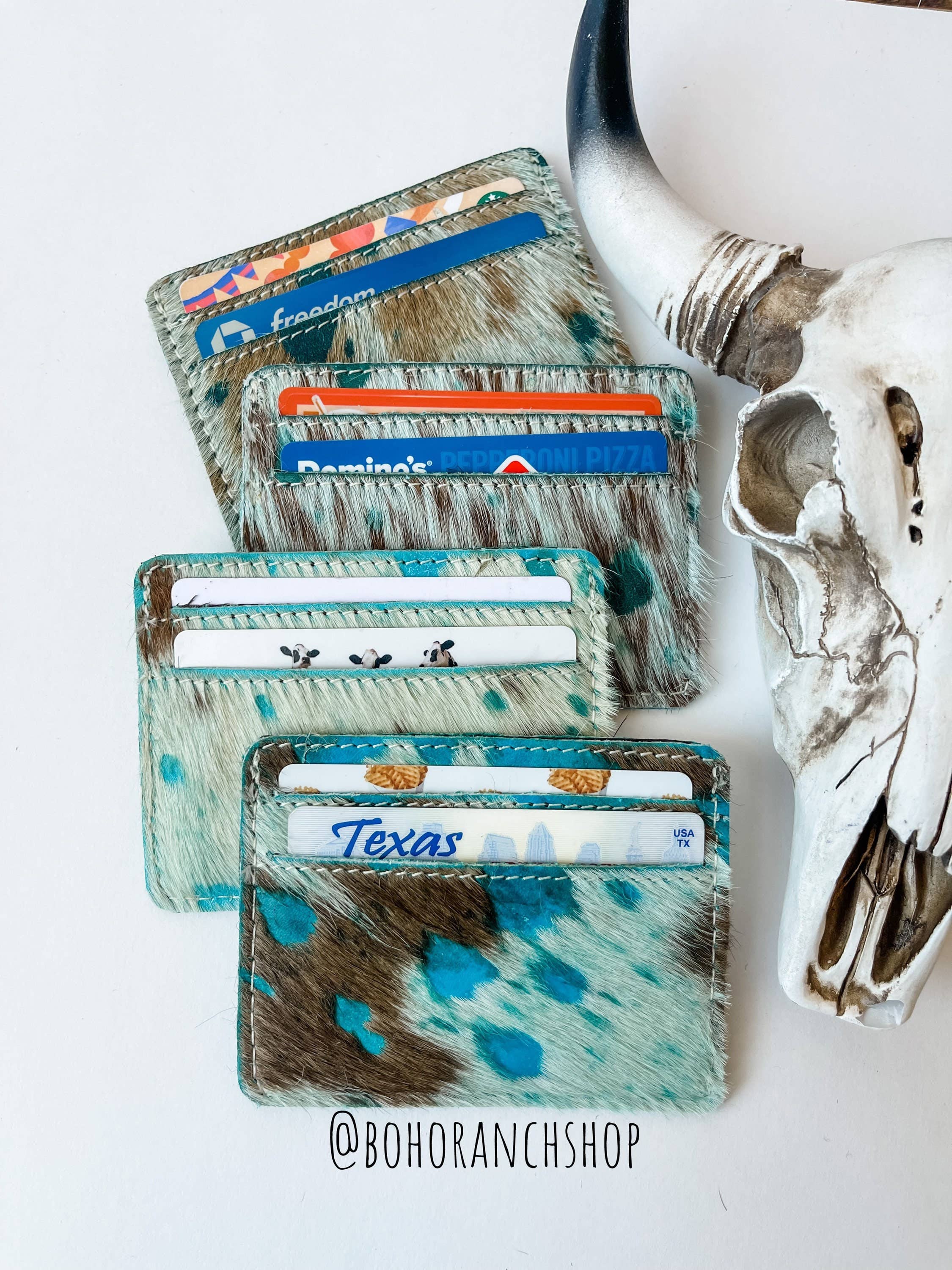 Western Cowhide Credit Card Holder - Money holder: 3 - DARK BROWN + TURQUOISE SPECS