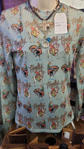 Teal Western print Mesh Top