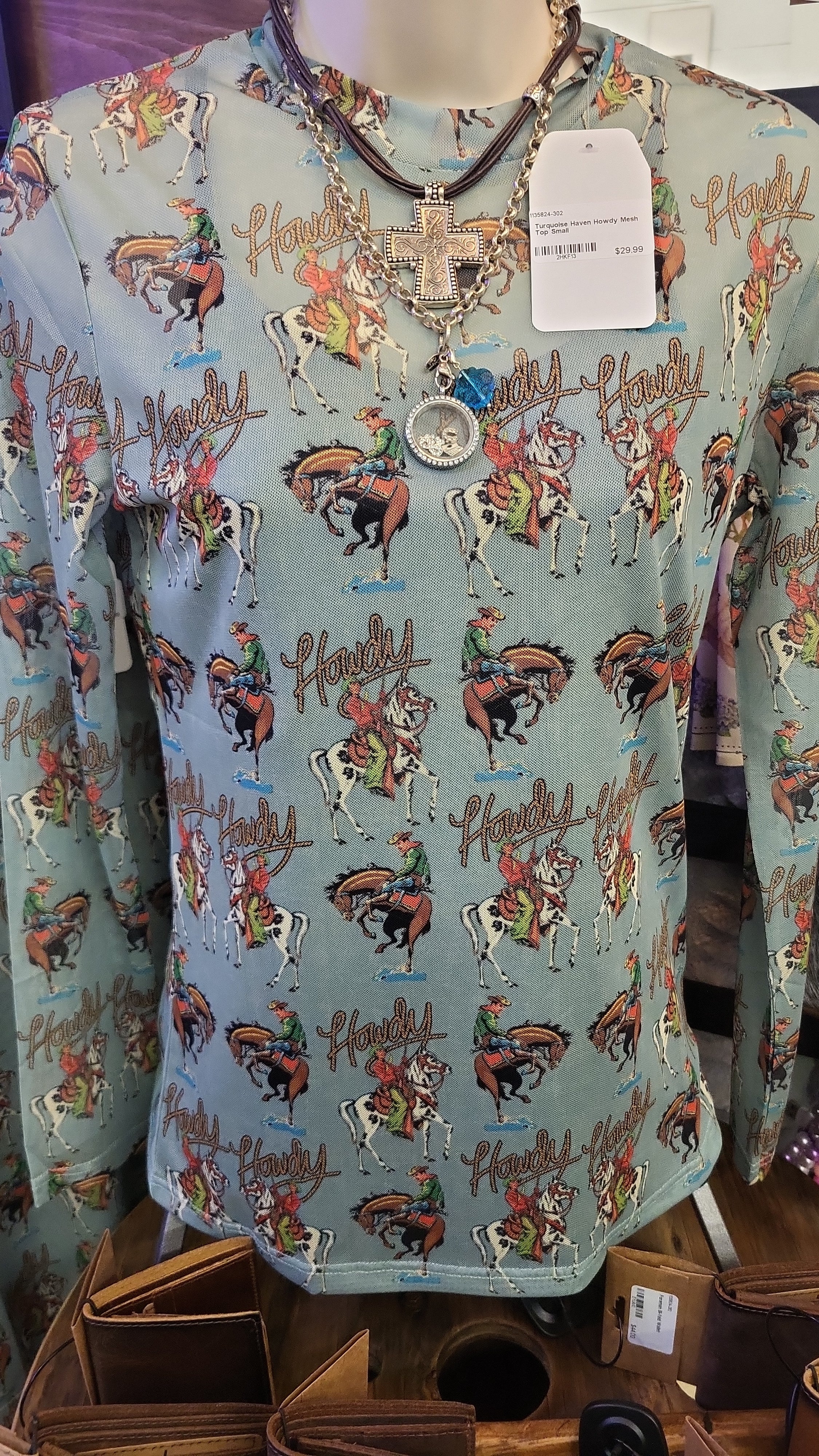 Teal Western print Mesh Top